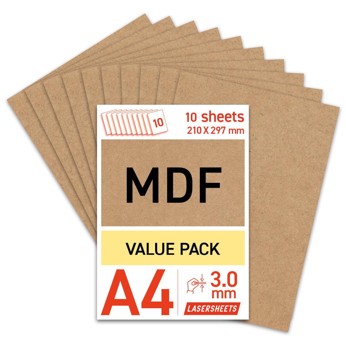 Lasersheets 10 x A4 3mm MDF | 210 x 297 mm | Value pack | Voor lasersnijden, modelbouw, hobby, CNC, pyrografie