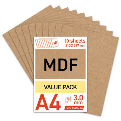 Lasersheets 10 x A4 3mm MDF | 210 x 297 mm | Value pack | Voor lasersnijden, modelbouw, hobby, CNC, pyrografie