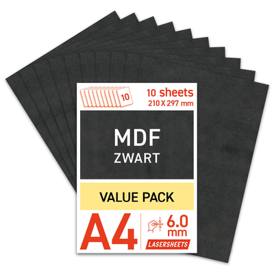Lasersheets 10 x A4 6mm Zwart MDF | 210 x 297 mm | Value pack | Voor lasersnijden, modelbouw, hobby, CNC, pyrografie