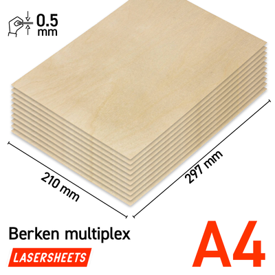 Lasersheets 10 x A4 0.5mm Berken triplex | 210 x 297 mm | Value pack | Voor lasersnijden, modelbouw, hobby, CNC, pyrografie