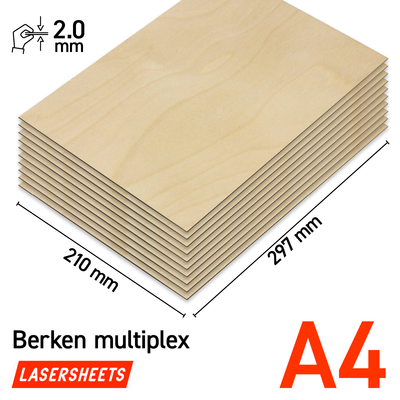 Lasersheets 10 x A4 2mm Berken triplex | 210 x 297 mm | Value pack | Voor lasersnijden, modelbouw, hobby, CNC, pyrografie