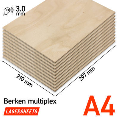 Lasersheets 10 x A4 3mm Berken triplex | 210 x 297 mm | Value pack | Voor lasersnijden, modelbouw, hobby, CNC, pyrografie
