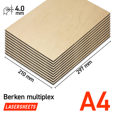 Lasersheets 10 x A4 4mm Berken multiplex | 210 x 297 mm | Value pack | Voor lasersnijden, modelbouw, hobby, CNC, pyrografie