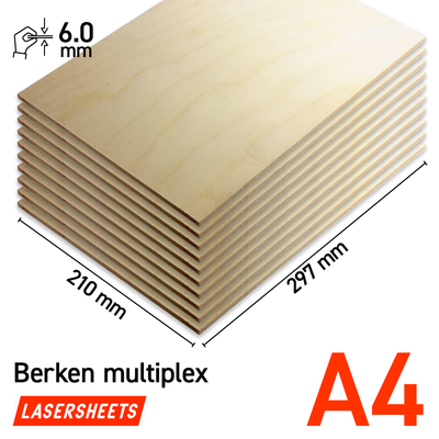 Lasersheets 10 x A4 6mm Berken multiplex | 210 x 297 mm | Value pack | Voor lasersnijden, modelbouw, hobby, CNC, pyrografie