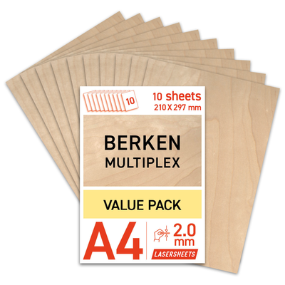 Lasersheets 10 x A4 2mm Berken triplex | 210 x 297 mm | Value pack | Voor lasersnijden, modelbouw, hobby, CNC, pyrografie