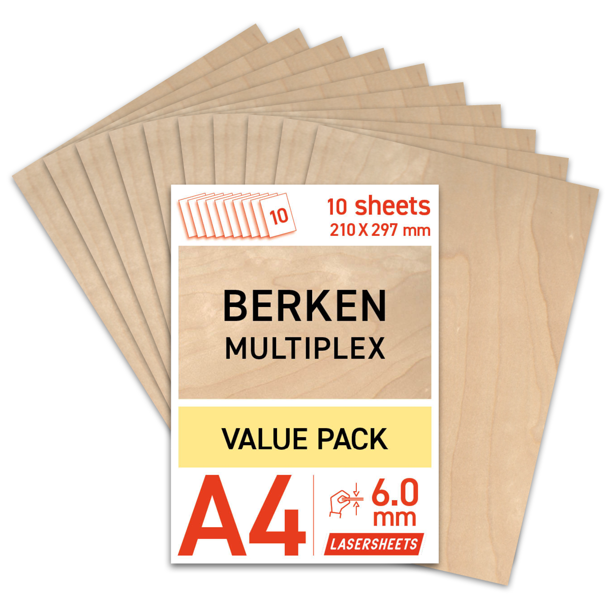 Lasersheets 10 x A4 6mm Berken multiplex | 210 x 297 mm | Value pack | Voor lasersnijden, modelbouw, hobby, CNC, pyrografie