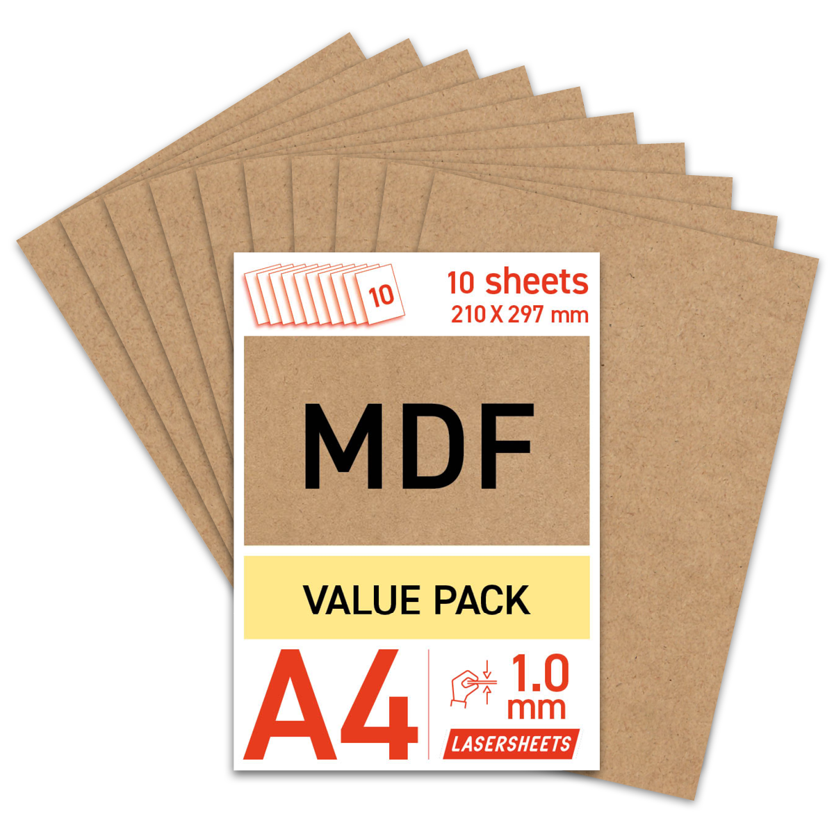 Lasersheets 10 x A4 1mm MDF | 210 x 297 mm | Value pack | Voor lasersnijden, modelbouw, hobby, CNC, pyrografie