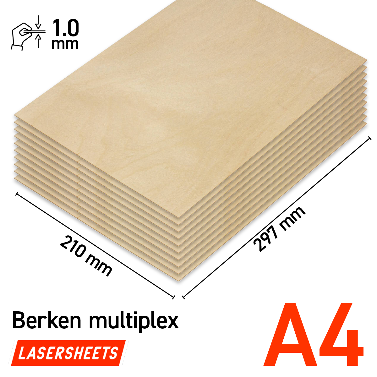 Lasersheets 10 x A4 1mm Berken triplex | 210 x 297 mm | Value pack | Voor lasersnijden, modelbouw, hobby, CNC, pyrografie